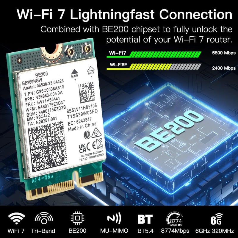 DERAPID BE200NGW WiFi 7 Wireless Card, M.2 NGFF WiFi 7 BE200 Tri-Band Network Adapter with 8774Mbps Speed and BT5.4 WiFi Card for PC Gaming, Not Support AMD Motherboard for Windows 10/11 - Image 2